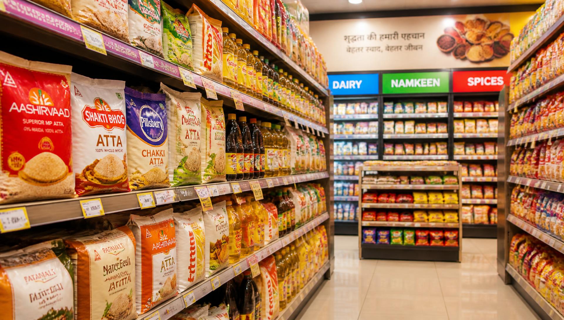 Blurred Indian grocery store aisle